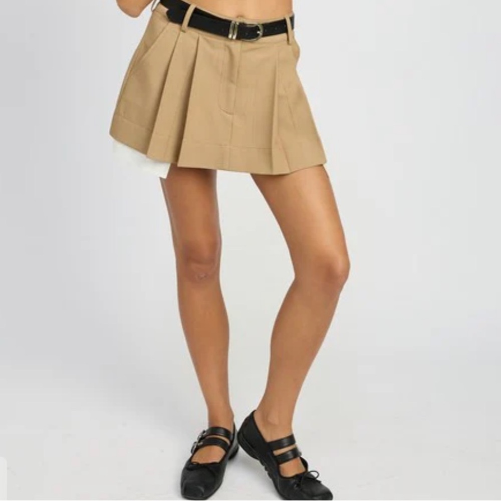 Tan Pleated Mini Skirt